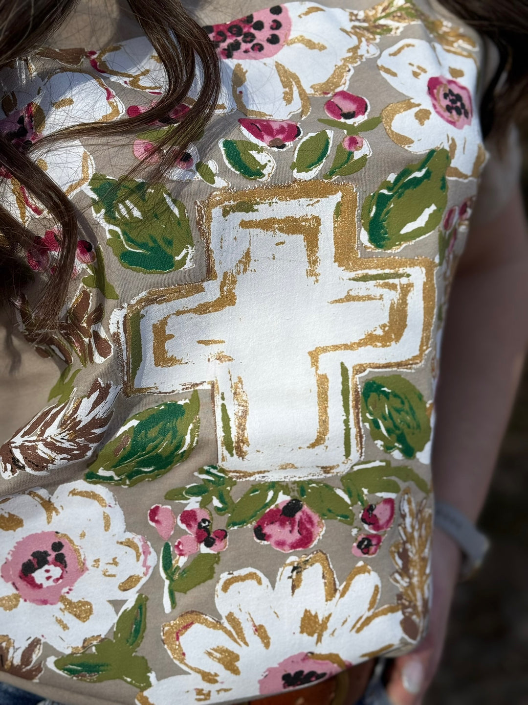 Callie Ann Stelter Gold Floral Cross Short Sleeve Tee by Texas True Threads