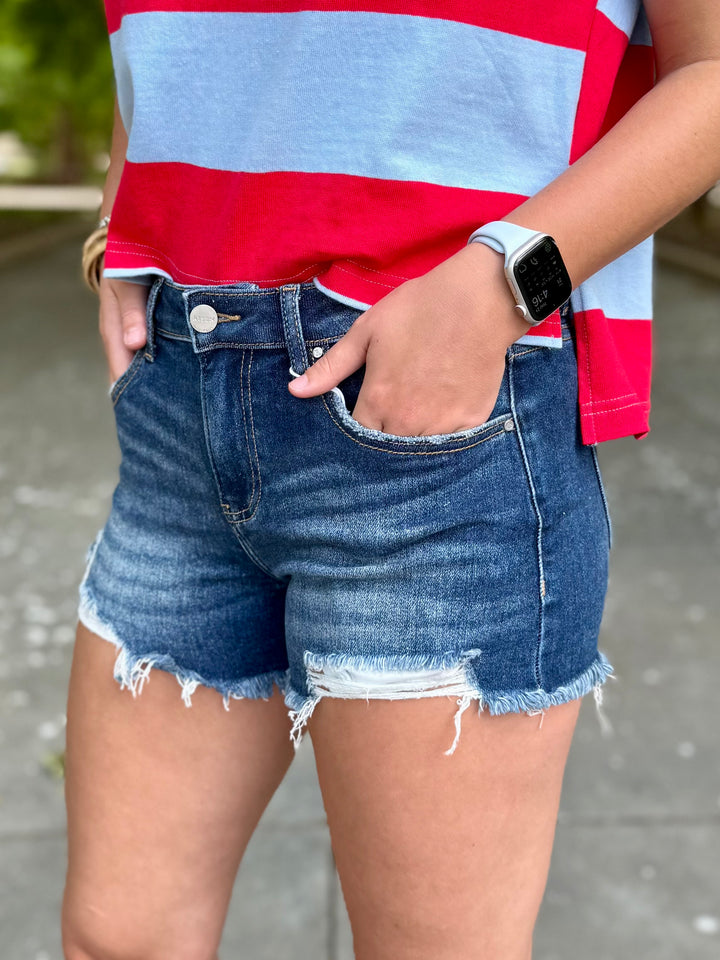 Freya Mid Rise Distressed Shorts by Risen