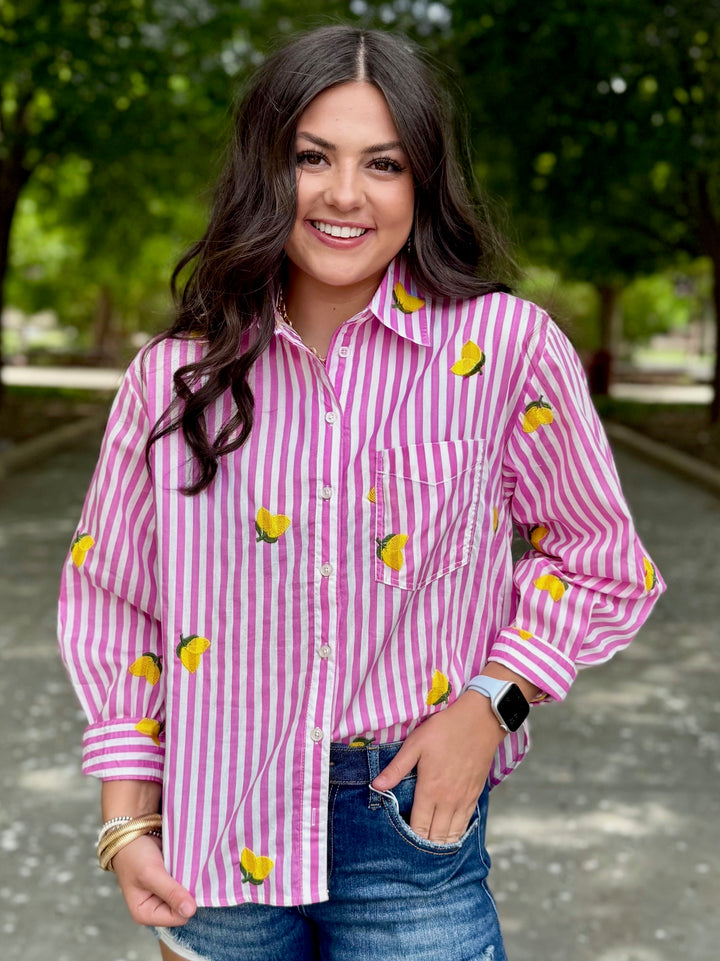 Lemon Drop Lane Pink Striped Button Up Top