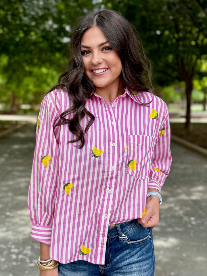 Lemon Drop Lane Pink Striped Button Up Top