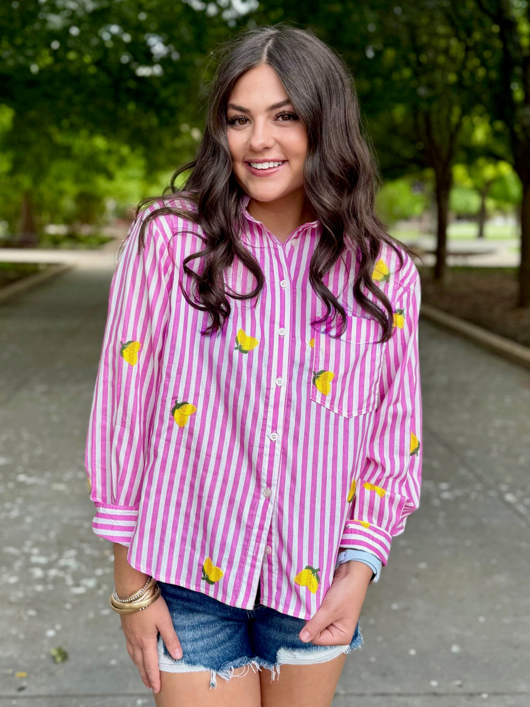 Lemon Drop Lane Pink Striped Button Up Top