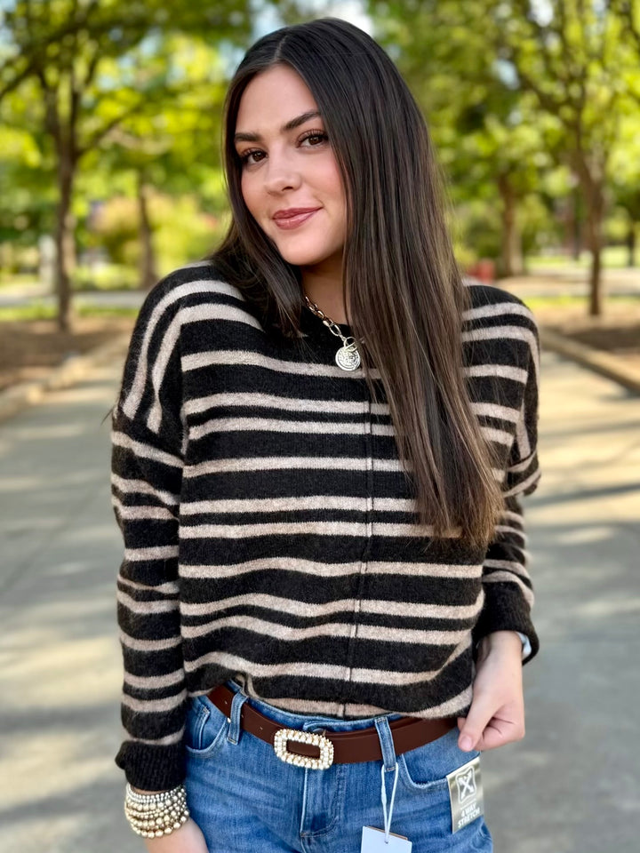 Seems Like Latte Brown Striped Sweater