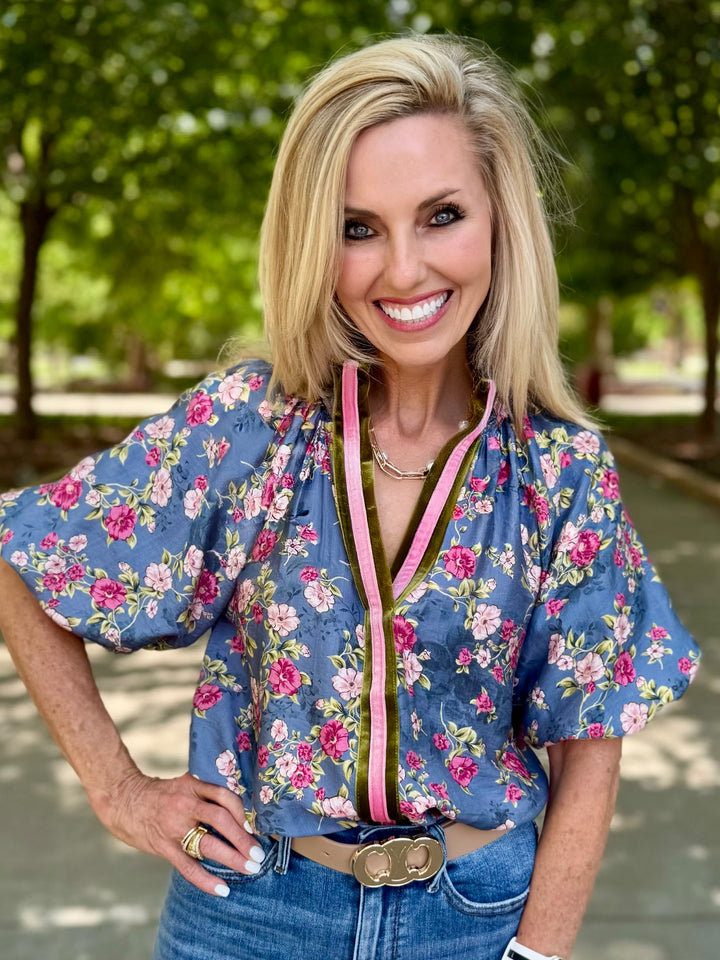 Petals in the Breeze Blue Floral Blouse by THML