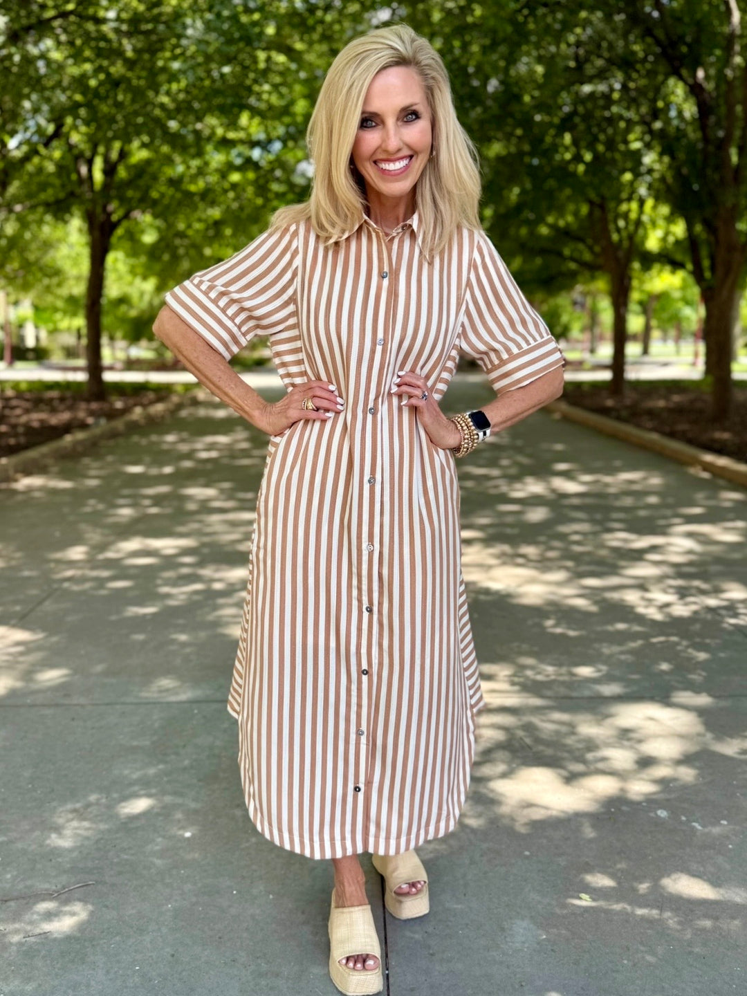 Effortless Taupe Striped Midi Dress