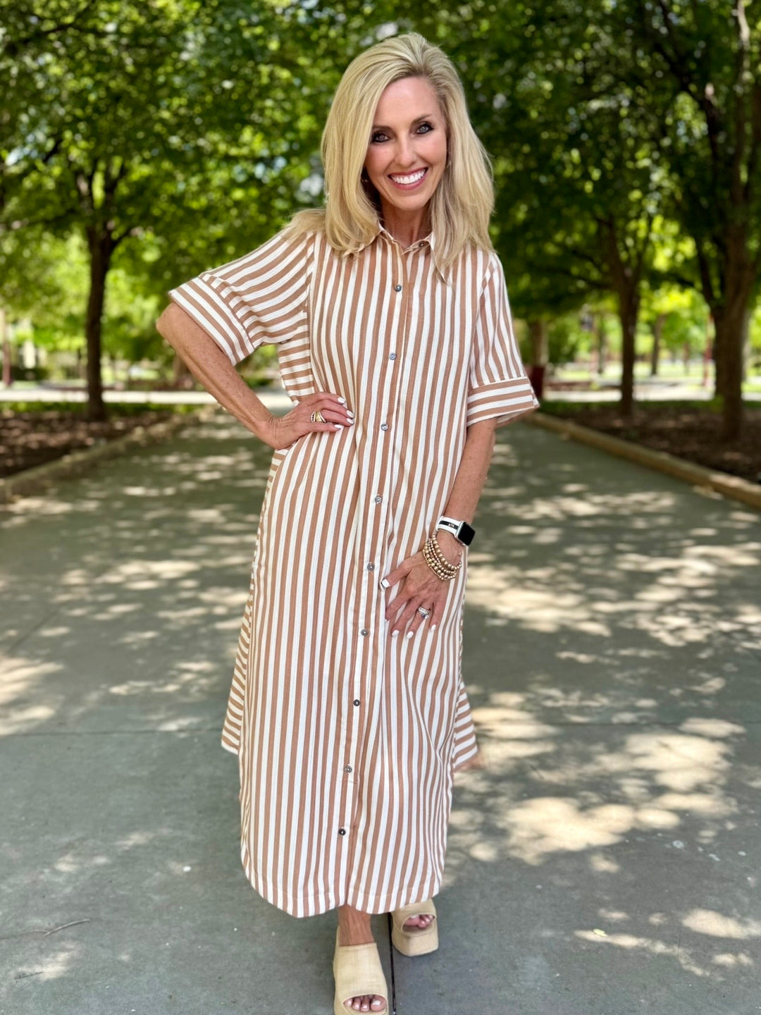 Effortless Taupe Striped Midi Dress