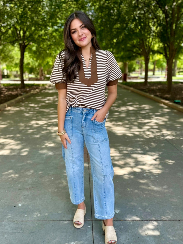 Coffee Love Striped V-Neck Top