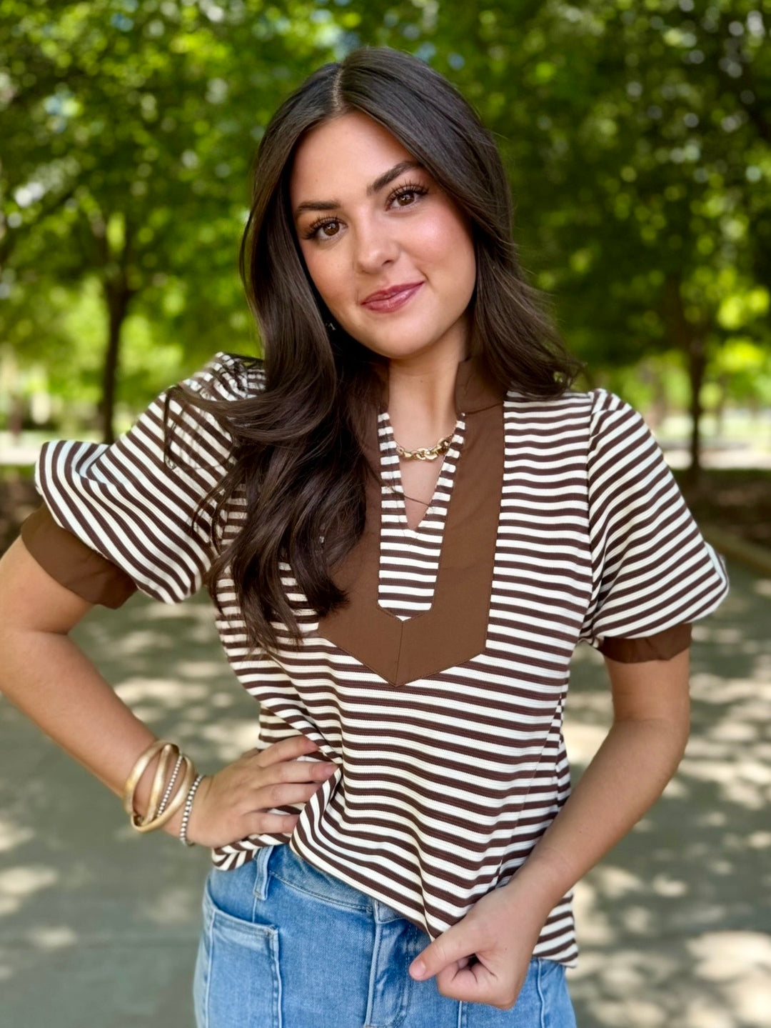 Coffee Love Striped V-Neck Top