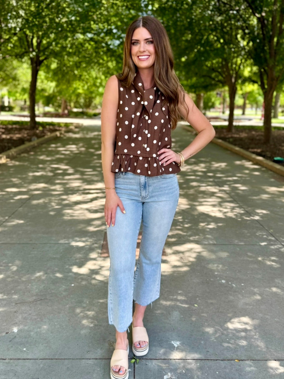 Latte Love Brown Polka Dot Peplum Top