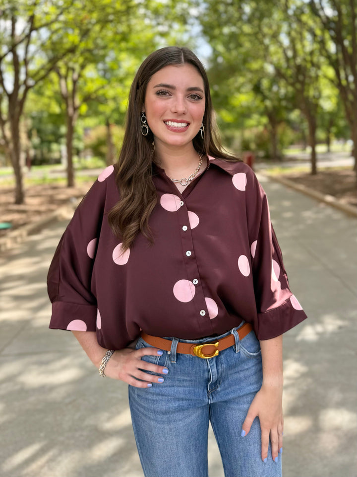 Seeing Spots Maroon Polka Dot Blouse
