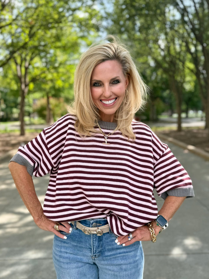 Love In Stripes Maroon Knit Sweater