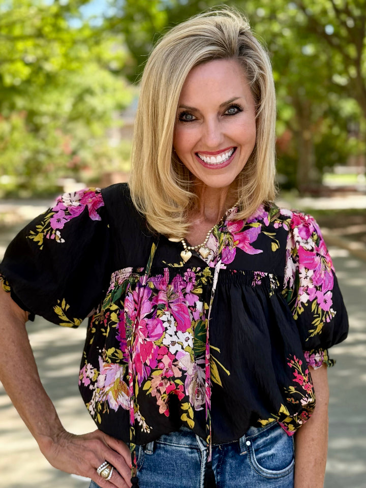 Black Garden Floral V-Neck Top
