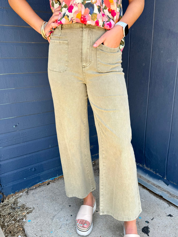 Shelby Wide Leg Cropped Olive Jean
