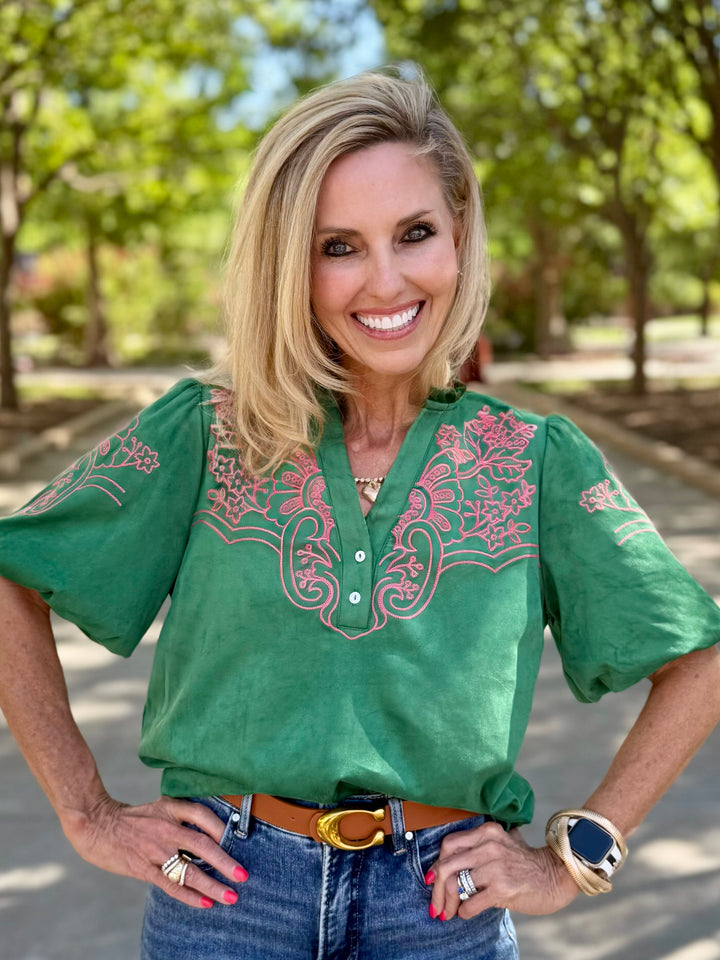 Green Season Suede V-Neck Top