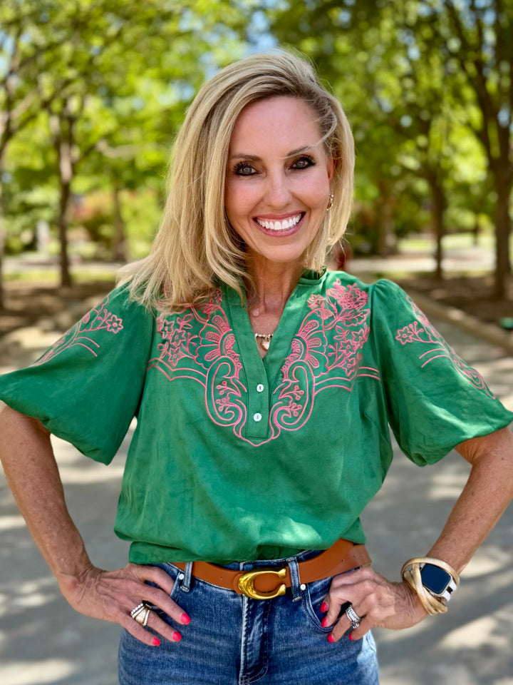 Green Season Suede V-Neck Top
