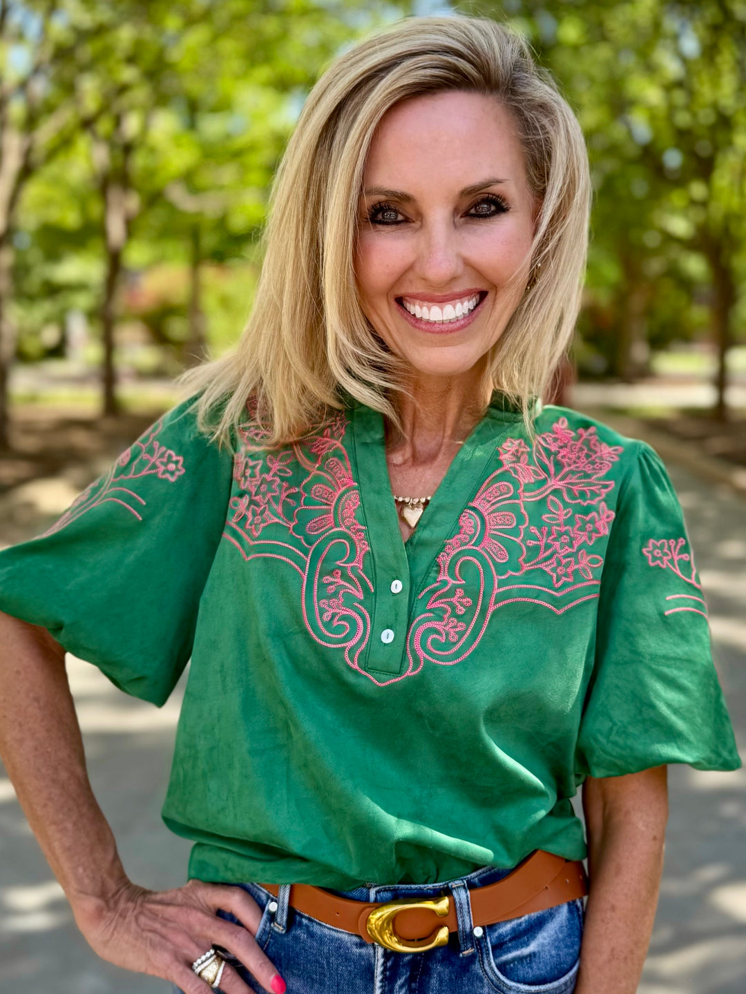 Green Season Suede V-Neck Top