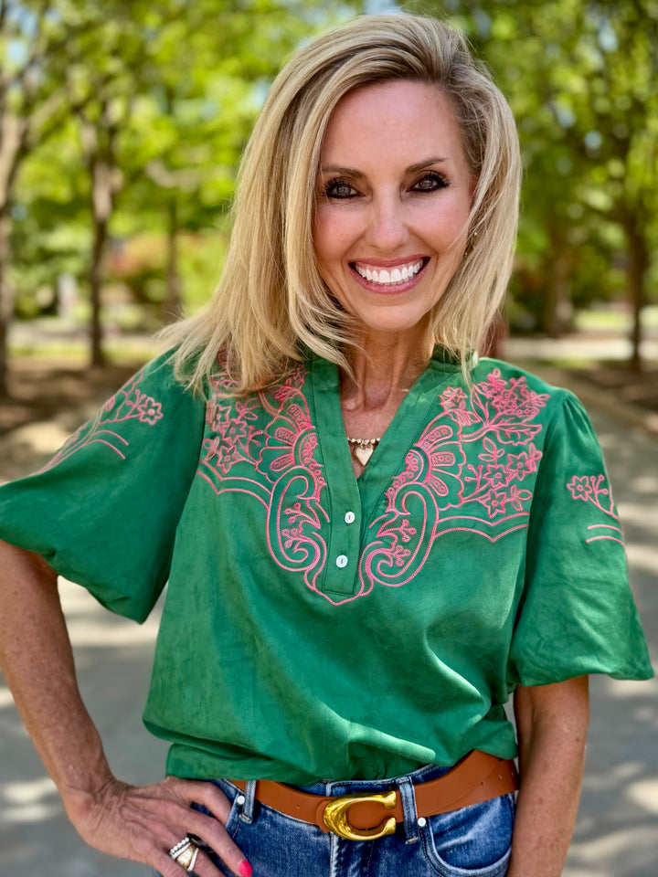 Green Season Suede V-Neck Top