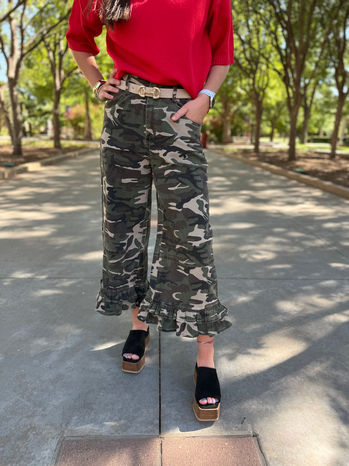 Neela Wide Leg Cropped Ruffle Hem Pant