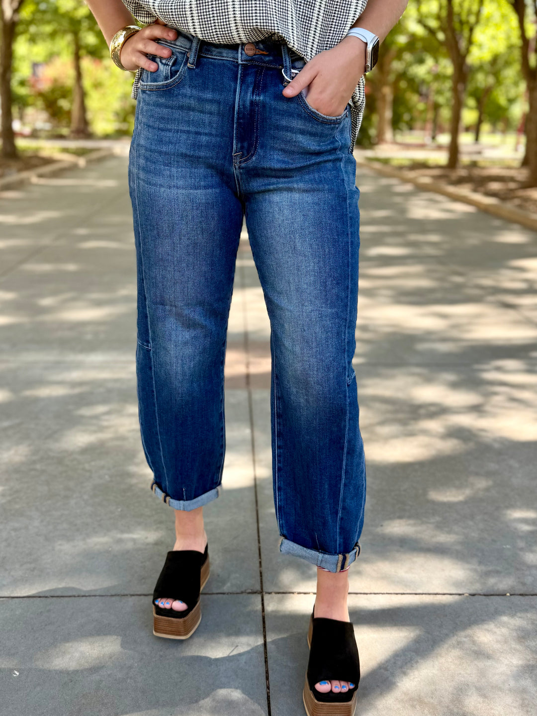 Kendra High Rise Cuffed Barrel Jean by Risen