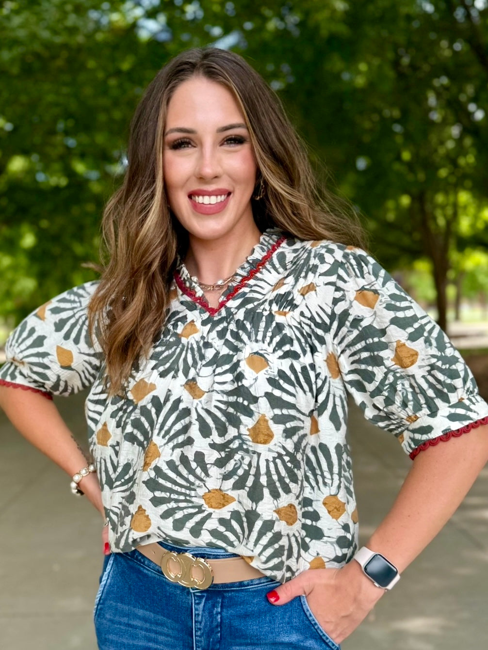 Olive Touch Floral V-Neck Blouse