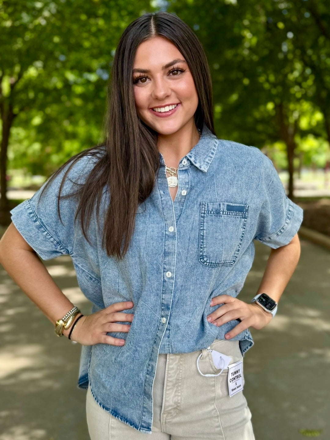 All Day Chambray Button Up Top