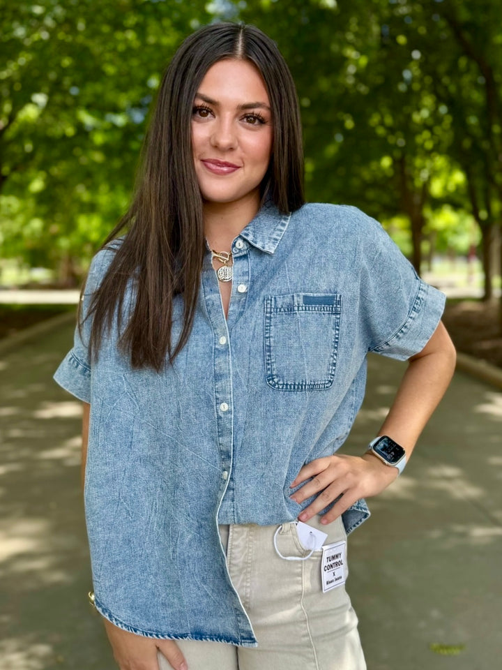 All Day Chambray Button Up Top