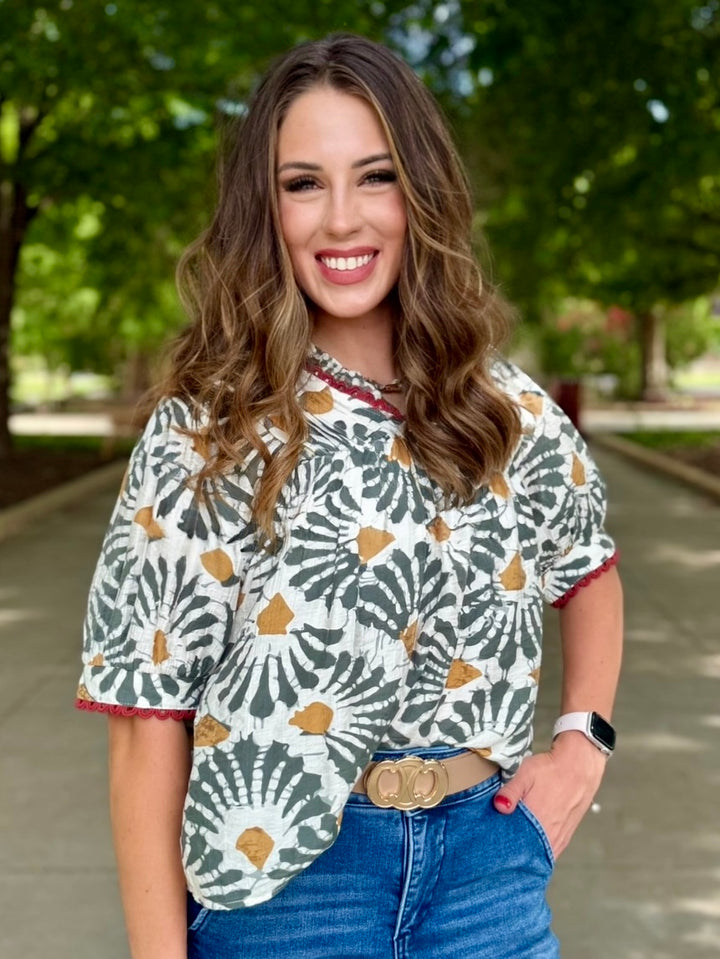 Olive Touch Floral V-Neck Blouse