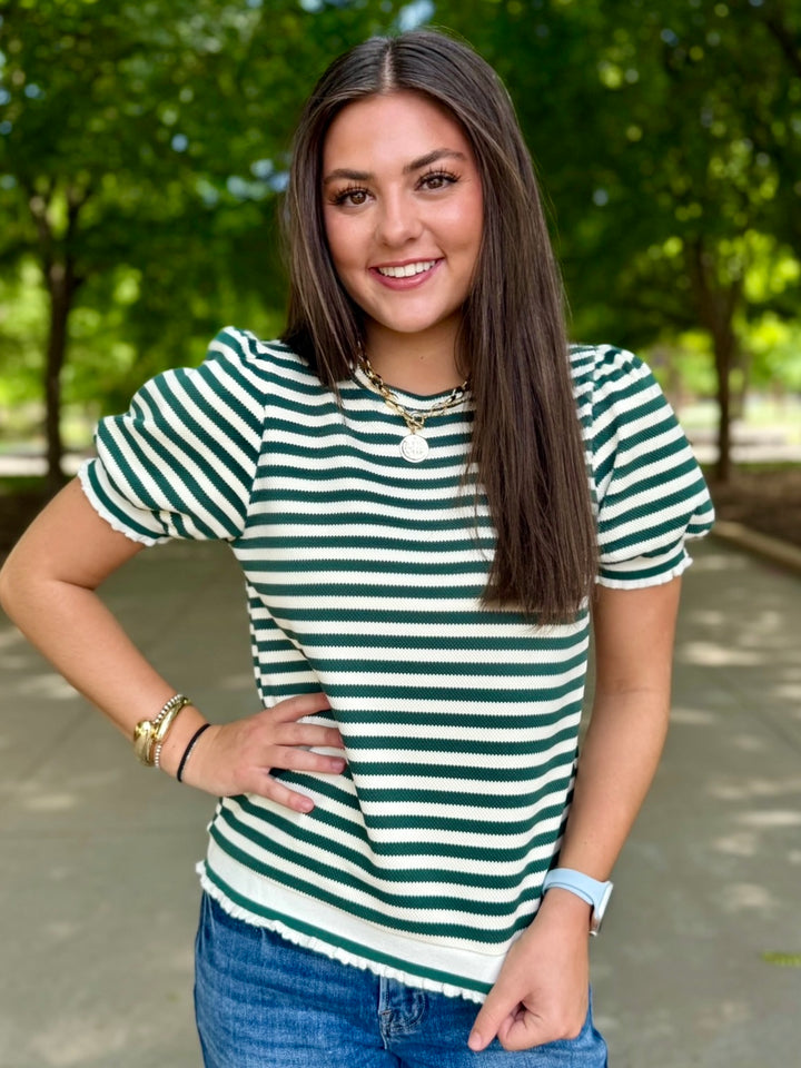 Soft Stripe Green Ruffle Hem Top