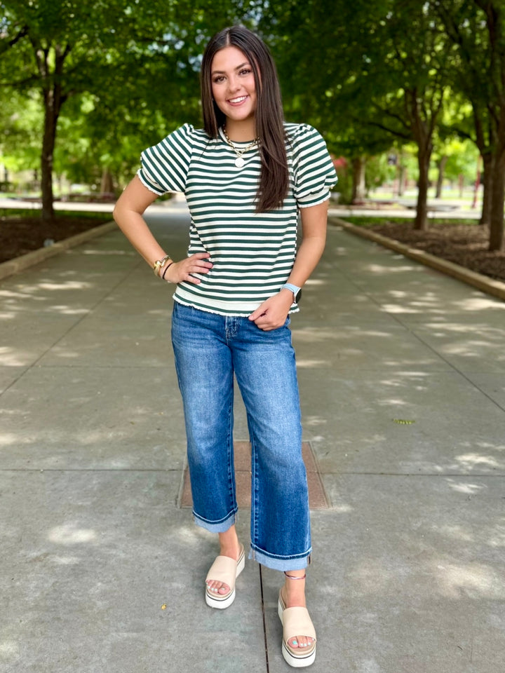 Soft Stripe Green Ruffle Hem Top