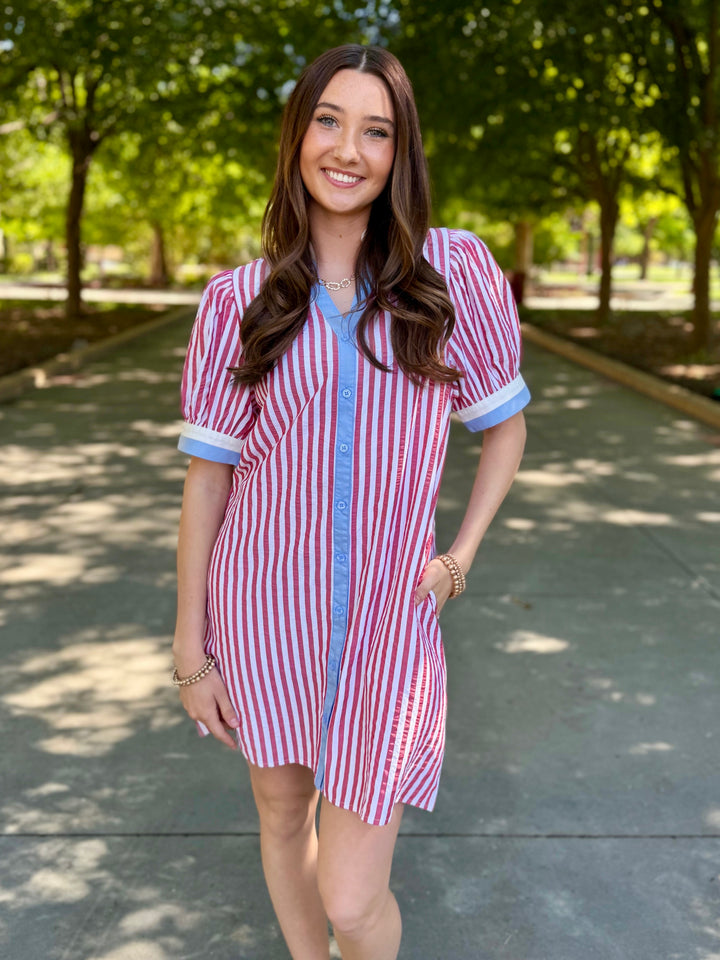 All American Sweetheart Striped Puff Sleeve Dress