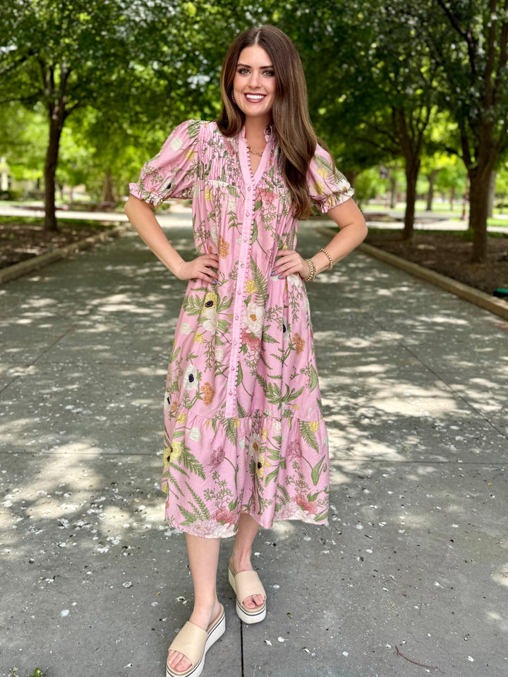 Pink Wildflower V-Neck Midi Dress