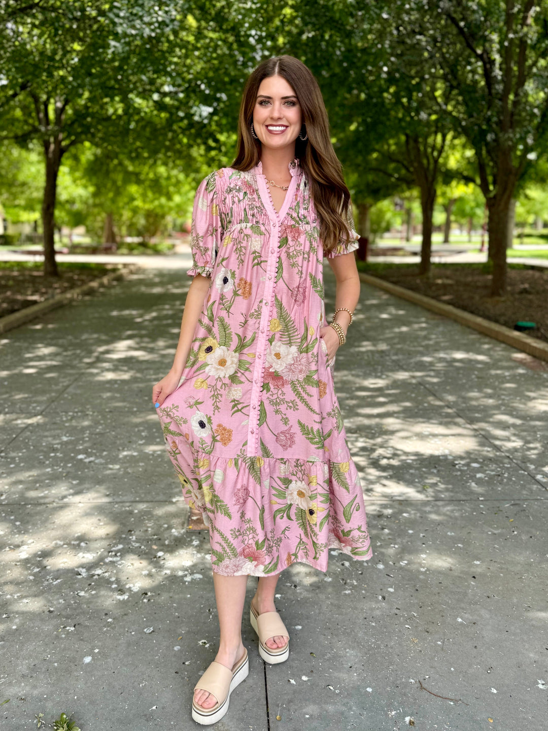 Pink Wildflower V-Neck Midi Dress