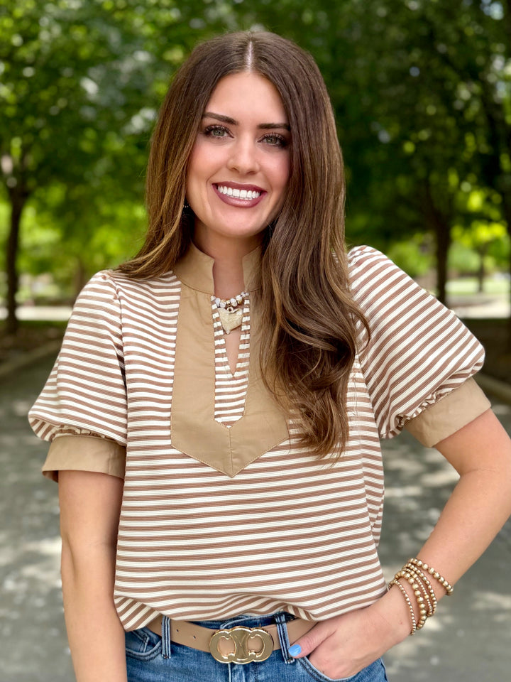 Taupe Love Striped V-Neck Top