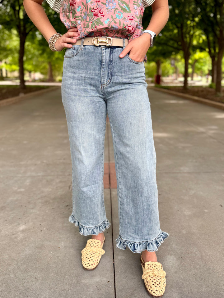 Ruffled Up High Rise Ruffle Hem Jean