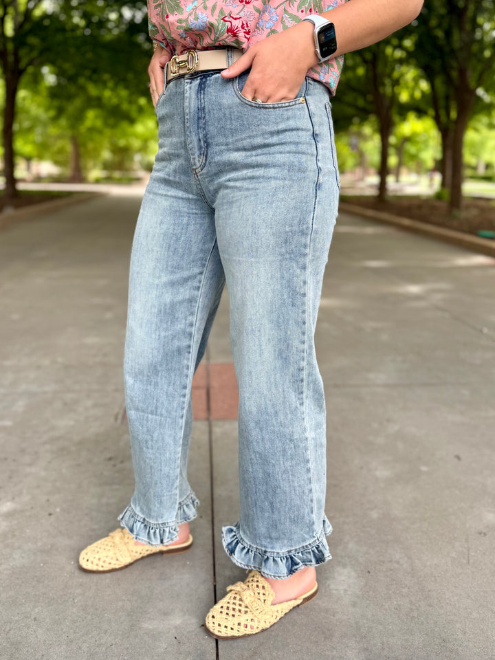 Ruffled Up High Rise Ruffle Hem Jean