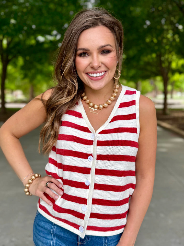 Stripe Me Darling Red Knit Sweater Vest