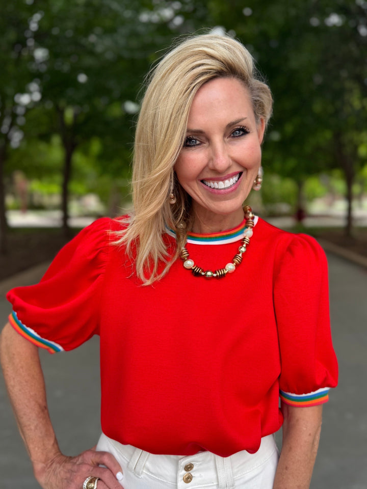 Painted Edge Red Puff Sleeve Top