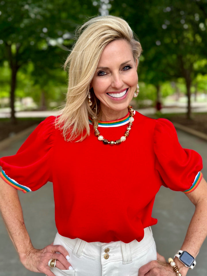 Painted Edge Red Puff Sleeve Top