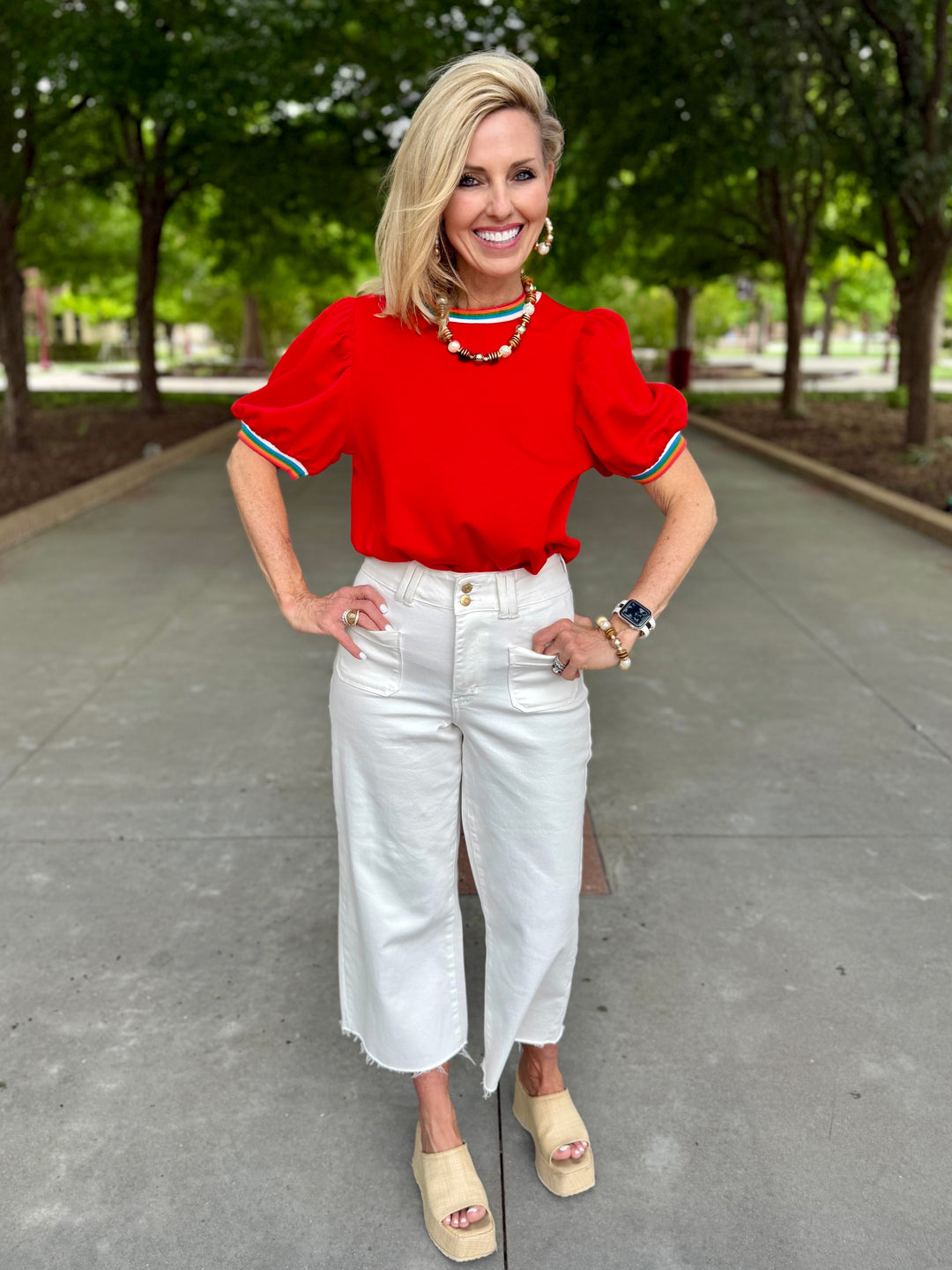 Painted Edge Red Puff Sleeve Top
