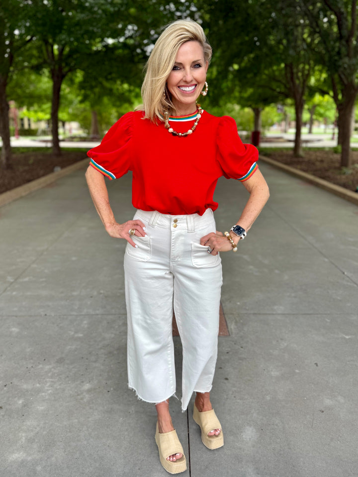 Painted Edge Red Puff Sleeve Top
