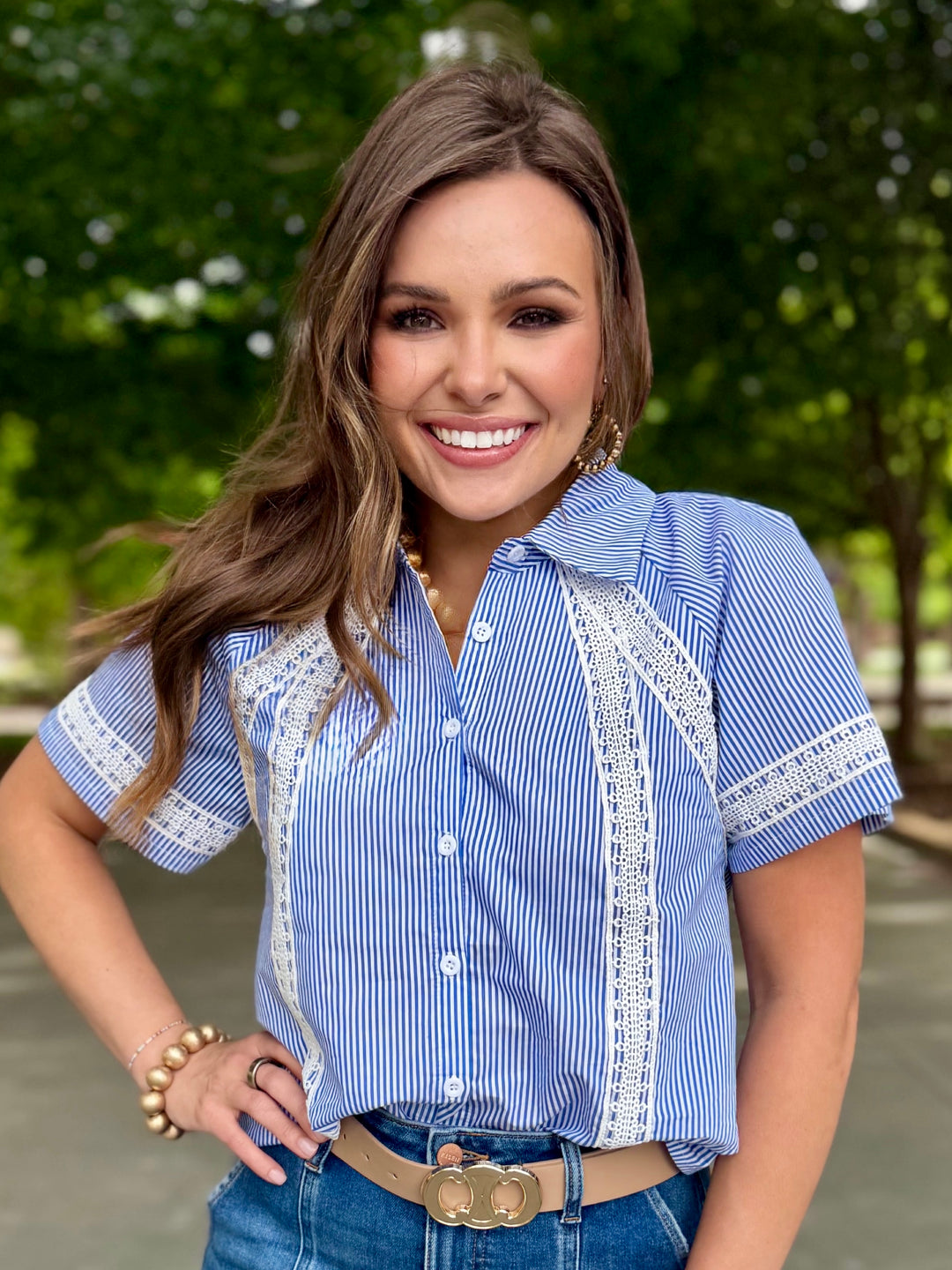 Stitched in Style Blue Striped Blouse