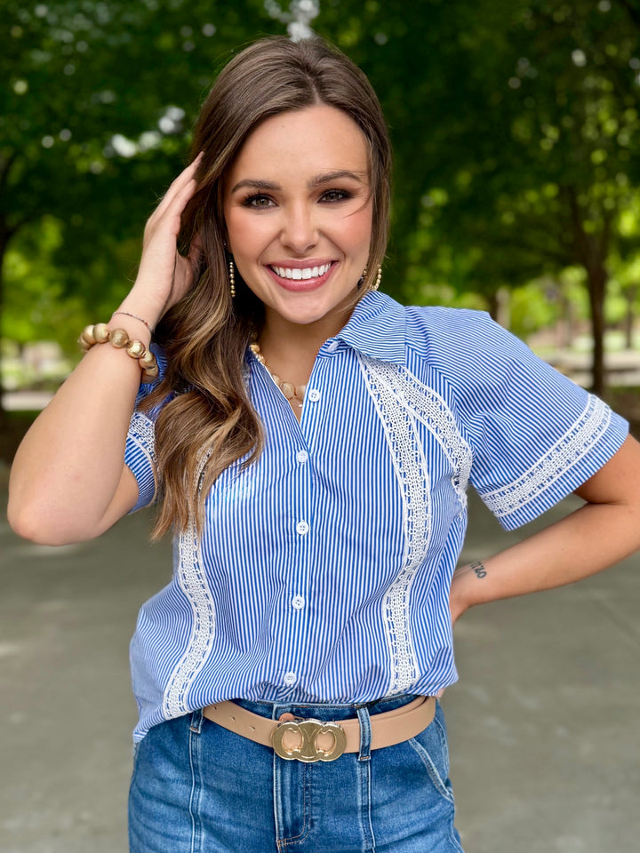 Stitched in Style Blue Striped Blouse