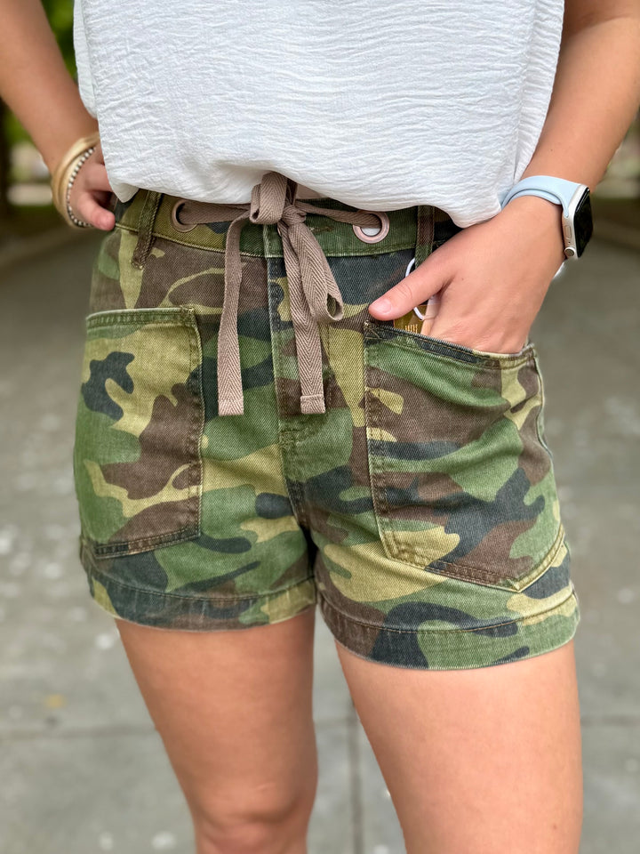 Kaia Camo High Rise Patch Pocket Shorts by Risen