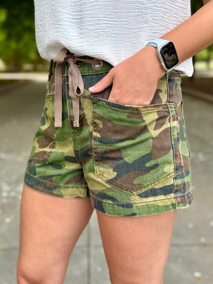 Kaia Camo High Rise Patch Pocket Shorts by Risen