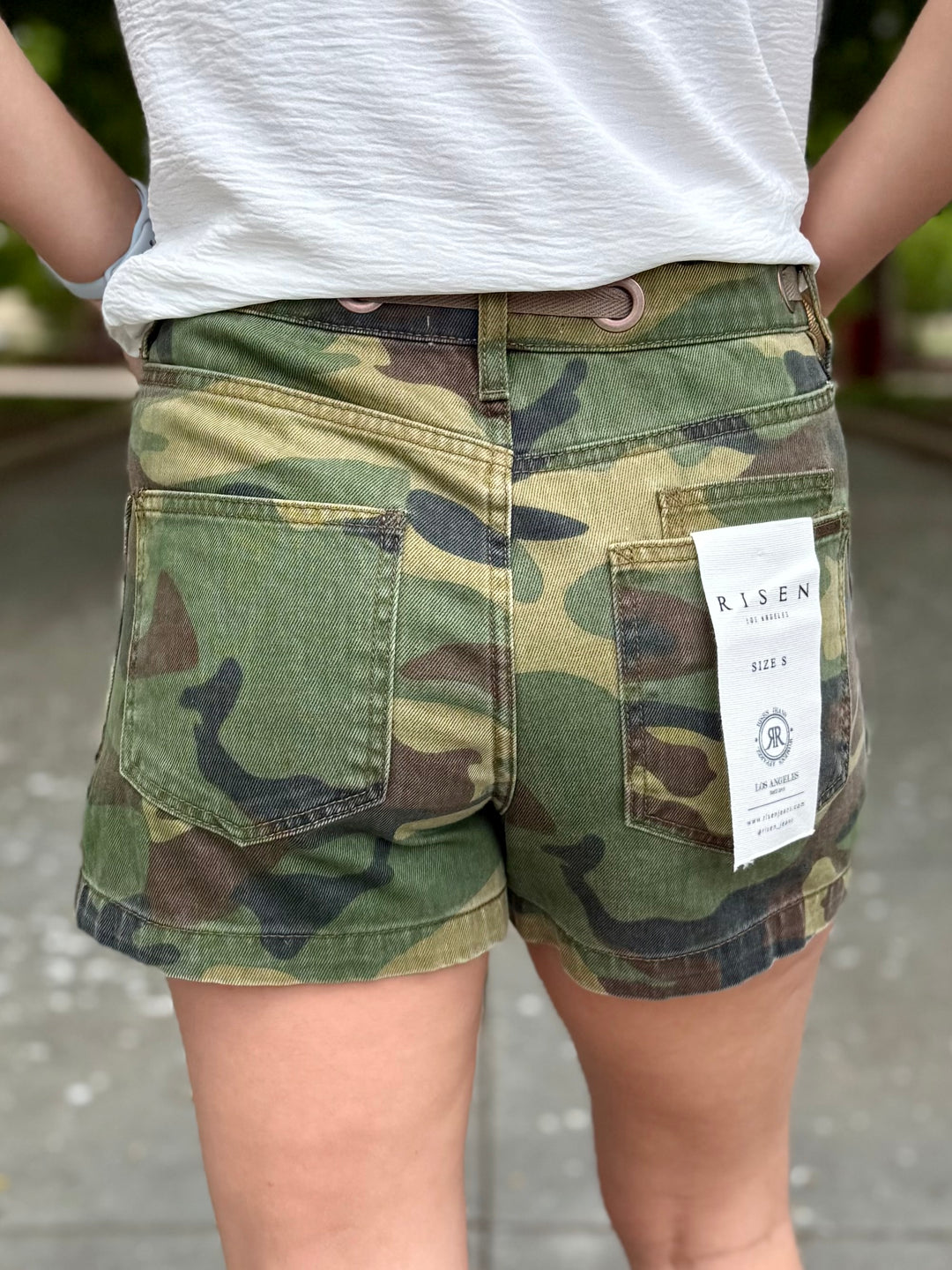Kaia Camo High Rise Patch Pocket Shorts by Risen