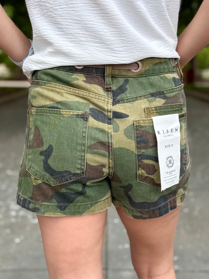 Kaia Camo High Rise Patch Pocket Shorts by Risen