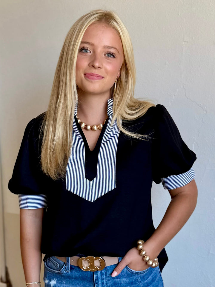 Classic Comfort Black V-Neck Blouse