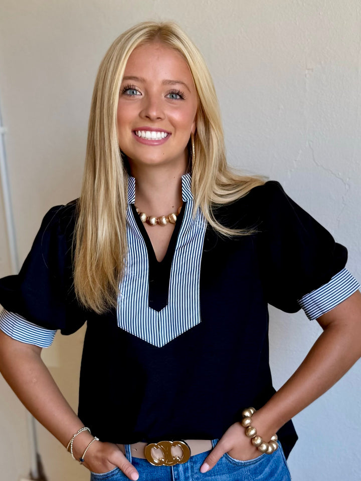 Classic Comfort Black V-Neck Blouse