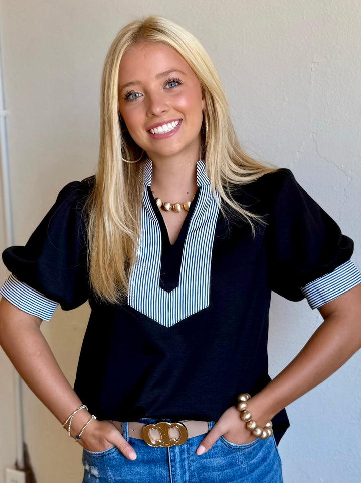 Classic Comfort Black V-Neck Blouse