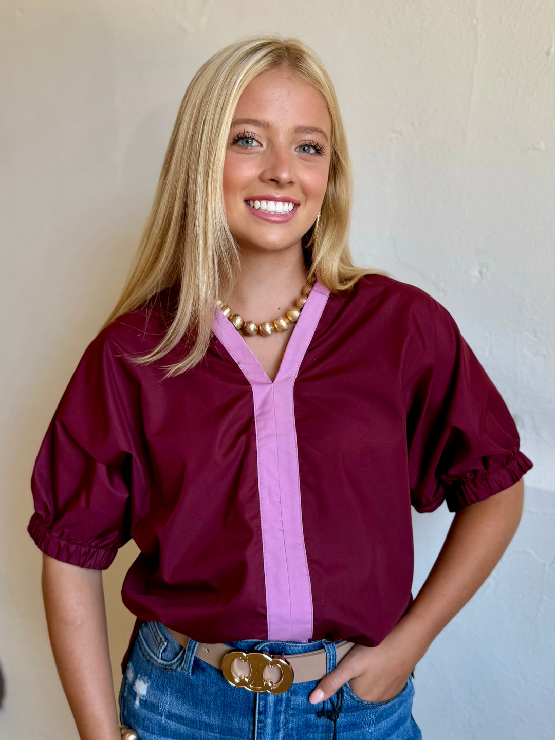 Stadium Sweetheart Maroon V-Neck Top