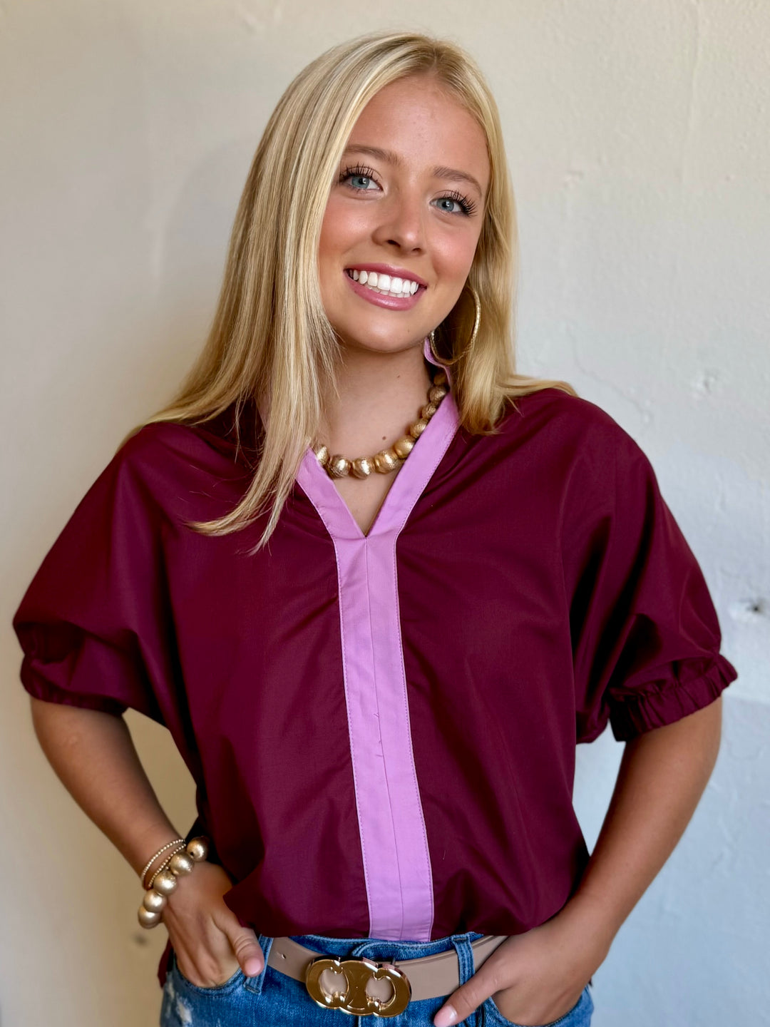 Stadium Sweetheart Maroon V-Neck Top
